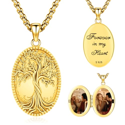 Picture Locket Necklace for Women Men Rose 14K Real Gold 925 Sterling Silver Jewelry Heart Locket Necklace that Holds Pictures Tree of Life Viking Wolf Celtic Knot St Christopher St Michael Pendant - color: I2-6-Tree of Life Locket-Gold Plated