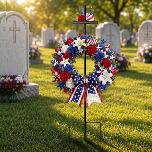 Frienda 1 Pcs Black Wreath Stand for Cemetery Adjustable Height 23.6" to 35.4" Cross Design with Hook for Hanging Wreath Hole for Floral Arrangement Outdoor Christmas Grave Gravestone Decoration - color: Black