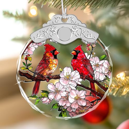 Stained Glass Ornament - Cardinal Birds & Flowers Christmas Ornaments - Xmas Decor - Ornaments for Christmas Tree - Holiday Presents - Gift Exchange Ideas - Car Hanging Decoration - color: Cardinals & Cherry Blossom