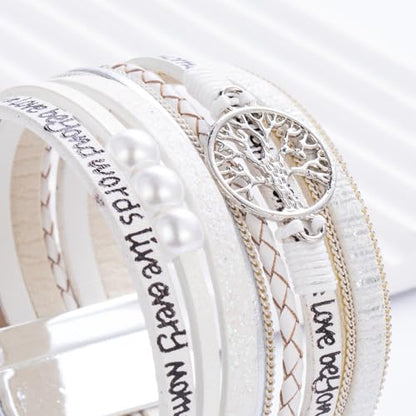 Tree of Life Inspirational Leather Wrap Bracelets Boho Western Cowgirl Cuff - color: White
