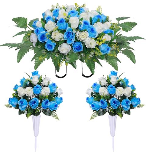 Lodou 3 Pcs Artificial Cemetery Flower Saddles, Rose Headstone Flower Saddle,Cemetery Memorial Flowers with Vase for Outdoor Grave Tombstone Decorations ﻿ (Blue White) - color: Blue White