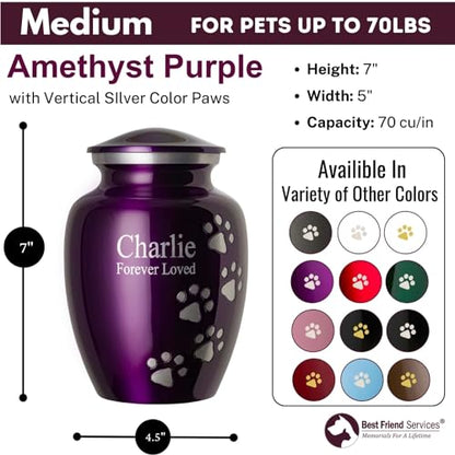 Ottillie Premier Purple/Pewter/Vert Urn, up to 65lbs - color: Amethyst Purple, Vertical Pewter Paws, size: Medium