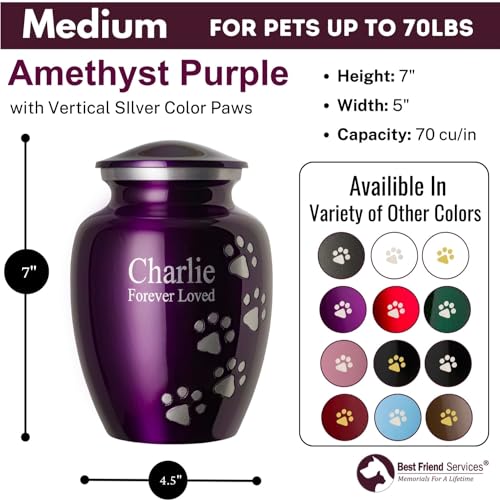 Ottillie Premier Purple/Pewter/Vert Urn, up to 65lbs - color: Amethyst Purple, Vertical Pewter Paws, size: Medium