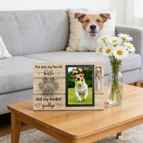 Dog Remembrance Gift Memorial Gifts for Dogs or Cats,Picture Frame with Paw Print Design,Loss of Dog Sympathy ,Wood Photo Display with Quote and Hair Keepsake Vial,a Grieving Friend Pet Lost Gift and Dead box (wood,4*6)