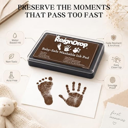 ReignDrop Baby Ink Pad for Hand and Footprints, Non-Toxic Acid-Free Keepsake Kit, Smudge-Proof Archival Ink Wipes Off Skin, for Scrapbook, Photo Album, Frames & Pet Paws, Baby Gift (Brown) - color: Brown