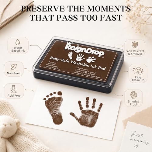 ReignDrop Baby Ink Pad for Hand and Footprints, Non-Toxic Acid-Free Keepsake Kit, Smudge-Proof Archival Ink Wipes Off Skin, for Scrapbook, Photo Album, Frames & Pet Paws, Baby Gift (Brown) - color: Brown