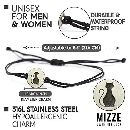 Stainless Steel Cat Lover Charm on Double Black String Bracelet for Men & Women - Pet Jewelry, Cat Mom Gift - Waterproof, Hypoallergenic