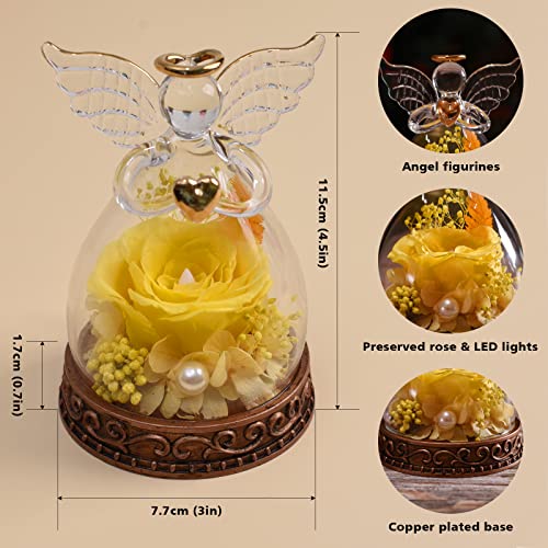 Preserved Real Rose in Glass Angel Figurine with LED Light, Angel Gifts for Women, Mom, Grandma on Mother's Day Christmas Birthday (Yellow) - color: Yellow