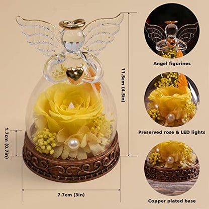 Preserved Real Rose in Glass Angel Figurine with LED Light, Angel Gifts for Women, Mom, Grandma on Mother's Day Christmas Birthday (Yellow) - color: Yellow