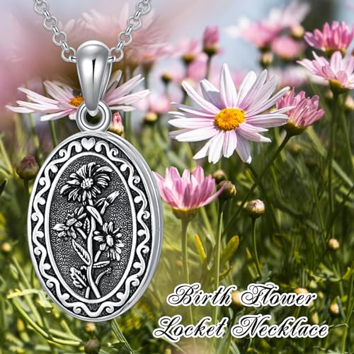 Birth Flower Photo Locket Necklace 925 Sterling Silver 12 Month Locket Necklace with Picture Birth Flower Photo Jewelry Gifts for Women Mother Mom Daughter - color: 04-April-daisy, style: 1.no custom