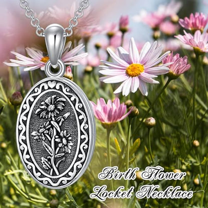 Birth Flower Photo Locket Necklace 925 Sterling Silver 12 Month Locket Necklace with Picture Birth Flower Photo Jewelry Gifts for Women Mother Mom Daughter - color: 04-April-daisy, style: 1.no custom