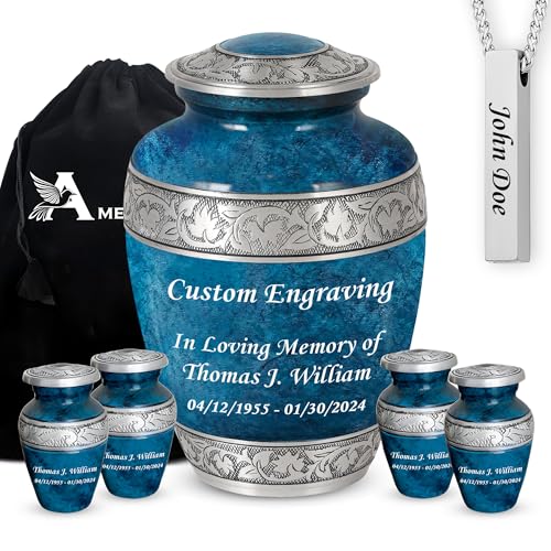 Set of 6 Custom Engraved Cremation Urns for Human Ashes Includes 1 Large Urn with 4 Small Keepsakes & 1 Silver Necklace - Fire Blue - color: Fire Blue Custom Urn Set