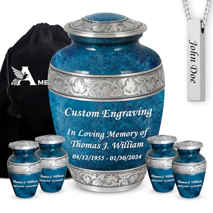Set of 6 Custom Engraved Cremation Urns for Human Ashes Includes 1 Large Urn with 4 Small Keepsakes & 1 Silver Necklace - Fire Blue - color: Fire Blue Custom Urn Set