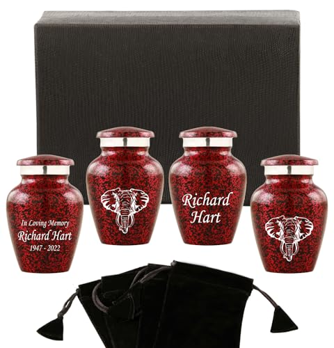 Customized Small Urns for Human Ashes Set of 4, Brown Keepsake Cremation Urns with Personalized Engraving, Guardian Elephant Design, Velvet Pouches & Gift Box