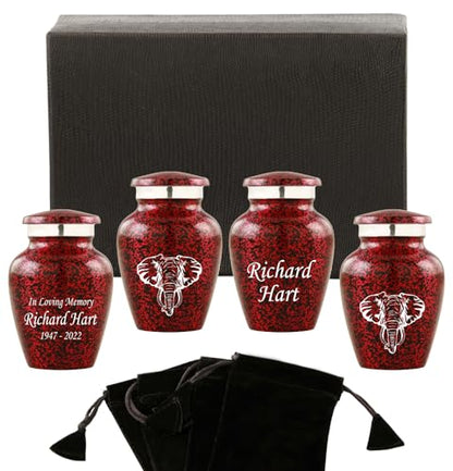Customized Small Urns for Human Ashes Set of 4, Brown Keepsake Cremation Urns with Personalized Engraving, Guardian Elephant Design, Velvet Pouches & Gift Box