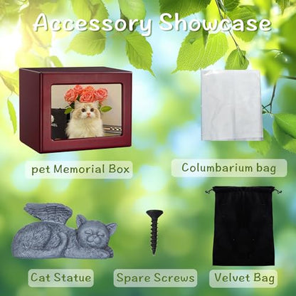 Cat Urn for Ashes, Wooden Keepsake for Ashes with Photo Frame | Cherry Red Cremation Box with Resin Angel Statue and Sealed Storage Bags (60lbs)