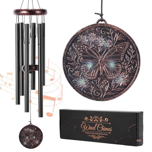 Butterfly Wind Chime for Outside – Vintage Copper 3D Embossed Butterfly Wind Catcher Deep Tone, Resin Medallion Garden Outdoor Hanging Décor Ornament, Gifts with Card Box for Women Men - color: Butterfly