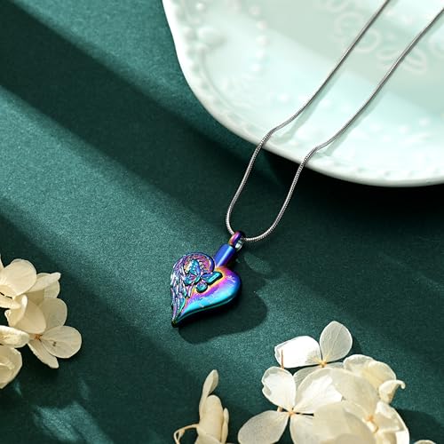 Love Heart Cremation Jewelry Urn Necklaces Butterfly Urn Necklaces for Ashes Memorial Keepsake Pendant for Women Men Gifts With Funnel Kit & Bag - color: Rainbow