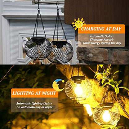 Solar Lantern Outdoor Waterproof,Hanging Solar Lights,2 Pack,Black | Solar Lantern Outdoor, Hanging Lights Outdoor Garden Metal Lanterns Decorative Waterproof Tree for Yard Patio
