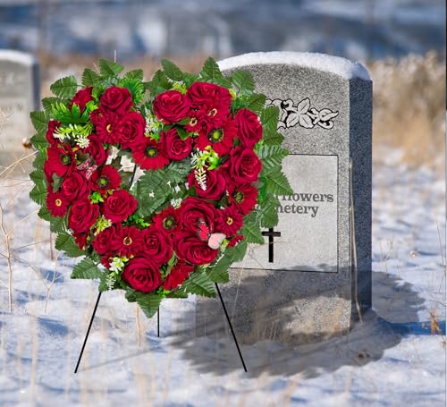Cemetery Wreaths - Ebullient Remembrance Standing Heart, Grave Wreath with 30 Inch Easel Stand,Memorial Floral-Red Rose