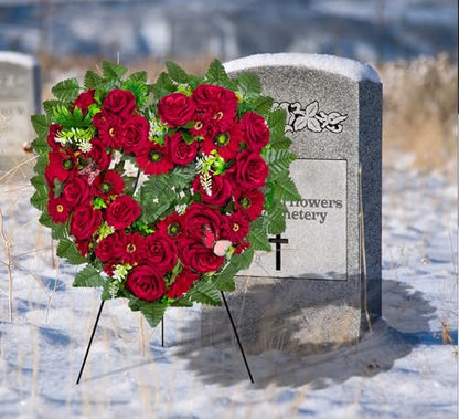 Cemetery Wreaths - Ebullient Remembrance Standing Heart, Grave Wreath with 30 Inch Easel Stand,Memorial Floral-Red Rose