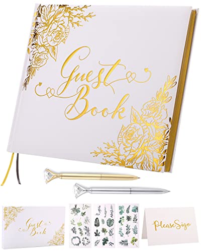 Wedding Guest Book, Guest Book Wedding Reception with Pens, 9x7'' | Personalized Wedding Guestbook Photo Album Sign in Book, Gold Foil Hardcover & Gilded Edges, For Weddings Baby Shower Party - color: White