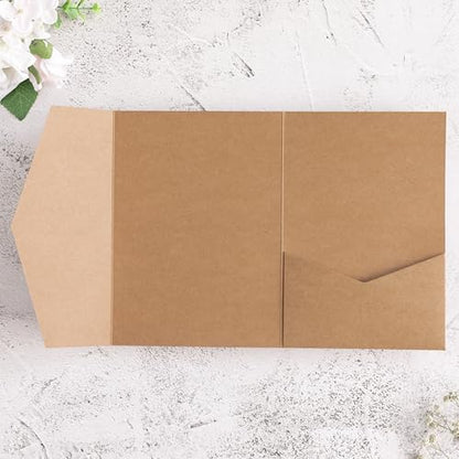 20 PCS Kraft Tri-fold Laser Cut Wedding Invitation Pockets for 5x7 Wedding Cards Bridal Shower Engagement Quinceanera Invite - color: Karft