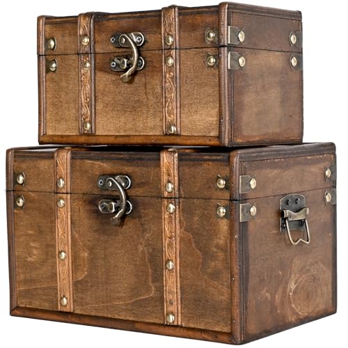 Decorative Vintage Wooden Storage Trunk Set of 2 with Antique Finish | Wooden Boxes with Metal Embellishments, Nesting Treasure Chest for Home Décor, Jewelry, Keepsakes, Gifts, Brown - color: Brown, size: 8.3" x 10.2"