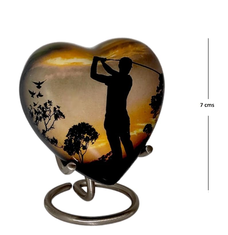 Classic Heart Shape Keepsake Aluminum Urn for Human Ashes – with Box and Stand - Peaceful Golfer Design 7 cms high Handmade Product for Tribute Your Love Once Dimension 7x7x3.5 cms
