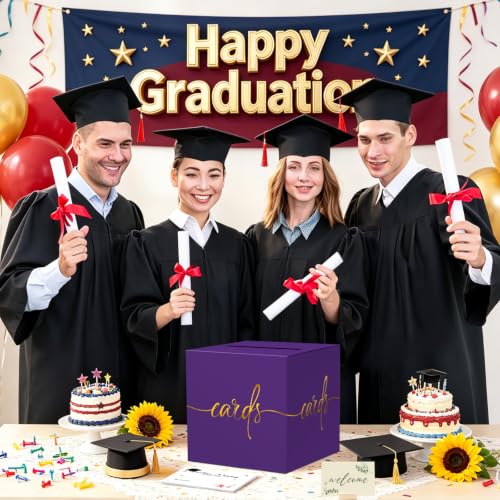 Purple Card Box with Gold Foil Design, Paperboard 8.7" Gift Card Holder for Wedding Graduation Birthday Party Reception Retirement Anniversary Bridal & Baby Shower - color: Purple Card Box with Gold Foil, size: 8.7×8.7×8.7Inch(1 Pack)