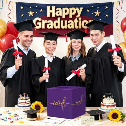 Purple Card Box with Gold Foil Design, Paperboard 8.7" Gift Card Holder for Wedding Graduation Birthday Party Reception Retirement Anniversary Bridal & Baby Shower - color: Purple Card Box with Gold Foil, size: 8.7×8.7×8.7Inch(1 Pack)