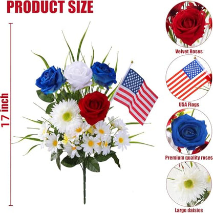 Sggvecsy 2 Pcs Patriotic Artificial Flowers Memorial Bouquet Fake Red Blue Cemetery Flowers with American Flags Roses Daisy for Grave 4th of July Memorial Day Independence Day Veterans Decoration