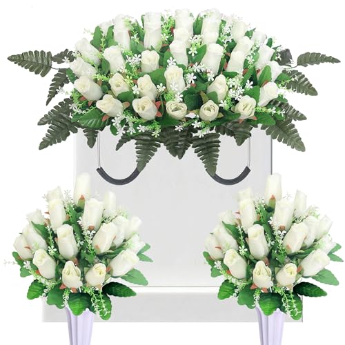 3 Sets Artificial Cemetery Flowers for Grave,Headstone Flower Saddle with 2 Memorial Rose Bouquets with Vases for Grave Tombstone Decorations (White) - color: White