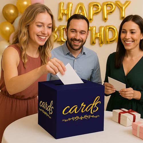 Navy Blue and Gold Card Box for Party Graduation Baby Bridal Shower Birthday Funeral 7.8 x 7.8 x 7.8 In Gift Card Holder Wedding Card Boxes for Reception Raffle Voting Ballot Box with Slot - color: BlueGoldF