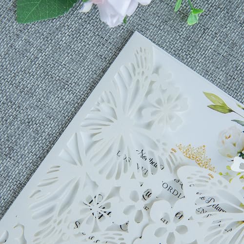 20 PCS Ivory Butterfly Quinceanera Invitation, Laser Cut Invitation Cards | 5.12x7.2" light Gold Glitter Butterfly Quinceanera Invitation with Envelopes for XV Anos Bridal Shower Baby Shower Invite - color: Ivory