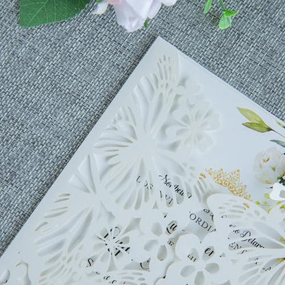 20 PCS Ivory Butterfly Quinceanera Invitation, Laser Cut Invitation Cards | 5.12x7.2" light Gold Glitter Butterfly Quinceanera Invitation with Envelopes for XV Anos Bridal Shower Baby Shower Invite - color: Ivory