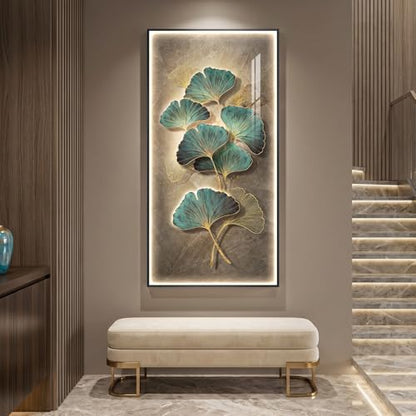 Framed LED Vertical Wall Art for Living Room, Modern Luxury Ginkgo 30x60 In - color: Green Ginkgo Leaf Wall Art