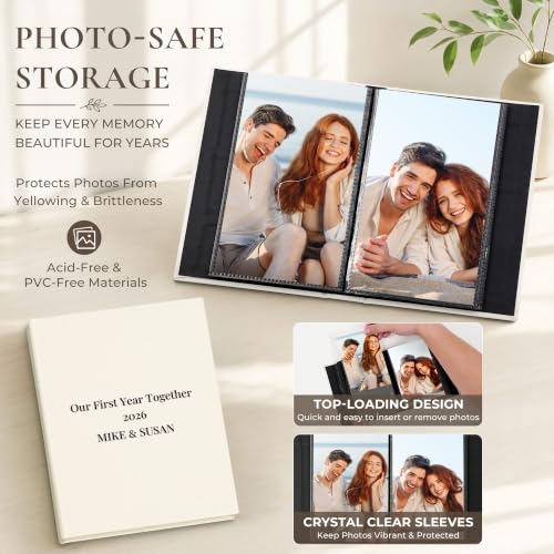 Vienrose 4x6 Couples Photo Album 52 Pockets DIY Custom Cover Beige | fabric cover photo book, acid free inner pages, couple themed crystal stickers, small slip in photo album - color: Romantic Couple, size: 52 Pockets