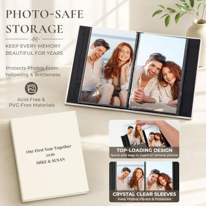 Vienrose 4x6 Couples Photo Album 52 Pockets DIY Custom Cover Beige | fabric cover photo book, acid free inner pages, couple themed crystal stickers, small slip in photo album - color: Romantic Couple, size: 52 Pockets