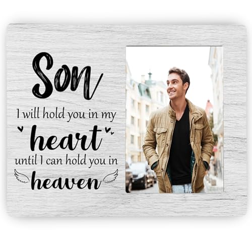 Son Memorial Picture Frame, I Will Hold You in My Heart Remembrance Wooden Photo Frame Gifts for Loss of Son, 4x6 inch Photo - style: Son Remembrance Memorial