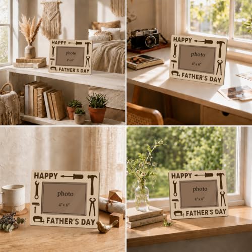 Happy Father’s Day Picture Frame for 4 x 6 Photo, Rustic Wooden Tabletop Keepsake with Tool Theme Design, Heartwarming Gift for Handyman Dad, Mechanic, Carpenter or Builder - color: Father11