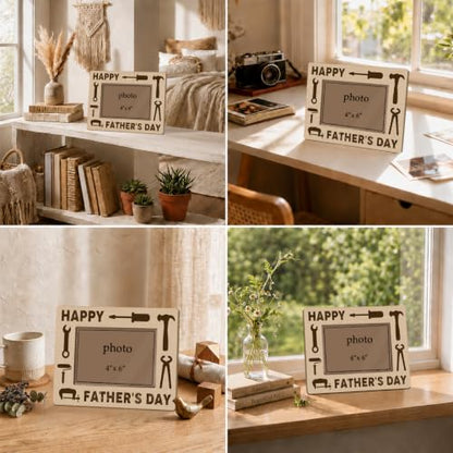 Happy Father’s Day Picture Frame for 4 x 6 Photo, Rustic Wooden Tabletop Keepsake with Tool Theme Design, Heartwarming Gift for Handyman Dad, Mechanic, Carpenter or Builder - color: Father11