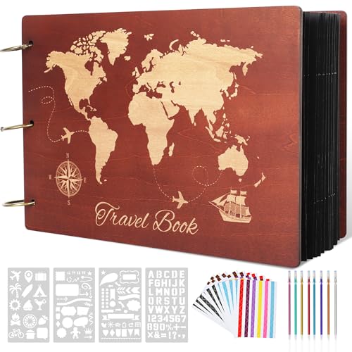 Travel Scrapbook Album Photo Album Scrapbook | Premium Wooden Memory Book Travel Photo Albums Kit with 100 Black Pages for Couples Adventure Graduation Gift - color: Travel Scrapbook