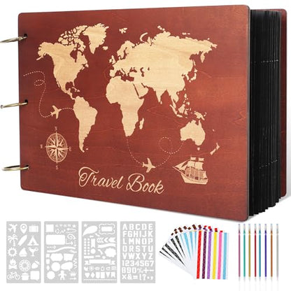 Travel Scrapbook Album Photo Album Scrapbook | Premium Wooden Memory Book Travel Photo Albums Kit with 100 Black Pages for Couples Adventure Graduation Gift - color: Travel Scrapbook