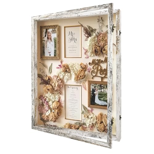 Large Shadow Box Frame 18x24 Display Case, White Wedding Bouquet Memory Box - color: Rustic White, size: 18"x24" (45.7x61.0 cm)