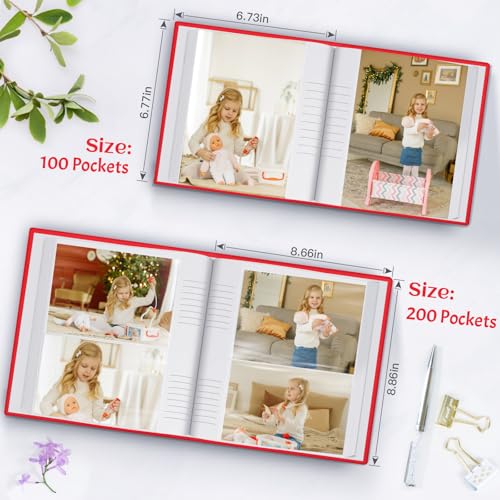 Popotop Photo Album 4x6 100 Photos with Writing Space, Leather Cover Album with Display Picture Window, Photo Book for Wedding Family Baby Gift - color: Red, size: 100 Pockets