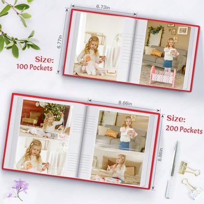 Popotop Photo Album 4x6 100 Photos with Writing Space, Leather Cover Album with Display Picture Window, Photo Book for Wedding Family Baby Gift - color: Red, size: 100 Pockets