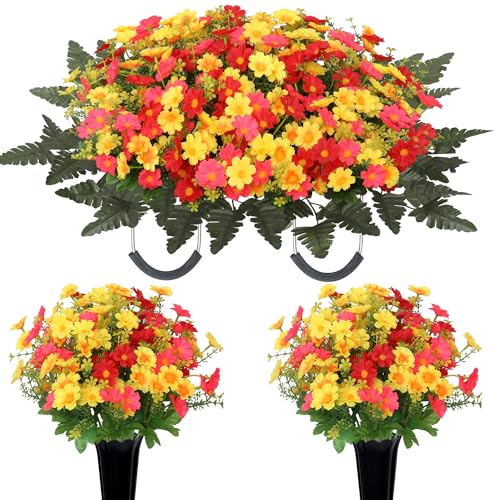 3Set Cemetery Flowers Saddle Spring Cemetery Flowers for Grave Memorial Artificial Wildflowers Bouquets with Vases For Outdoor Grave Decorations Weather Resistant (red yellow, Bouquets with saddle) - color: Red Yellow, size: Bouquets with saddle