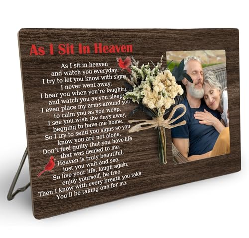 Memorial Picture Frame with Bouquet, As I Sit In Heaven Wooden Photo Frame Gifts for Loss of Loved one, 4x6 inch Photo - style: With Bouquet As I Sit In Heaven