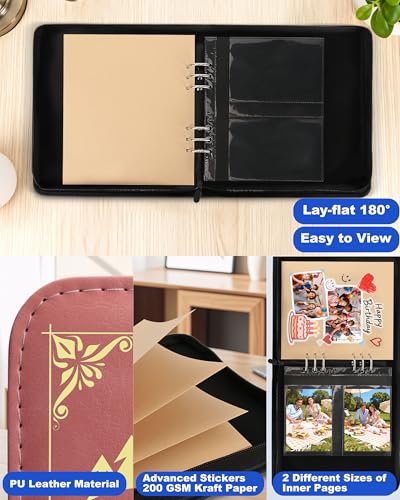 Adventure Leather Photo Album 4x6 200 Photos, DIY Scrapbook with 50 Sheets and 20 Blank Kraft Sheets, Travel Souvenir Diary Photo Book for Family Wedding Baby and Holiday Pictures - color: Pink-text